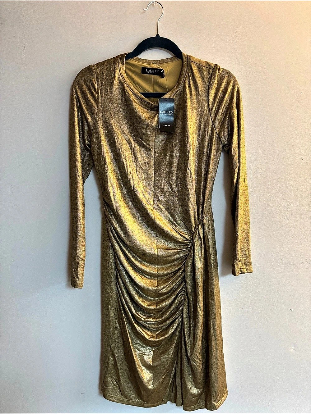 Lauren Ralph Lauren Ruched Metallic Mini Dress in Gold Size 4 NWT